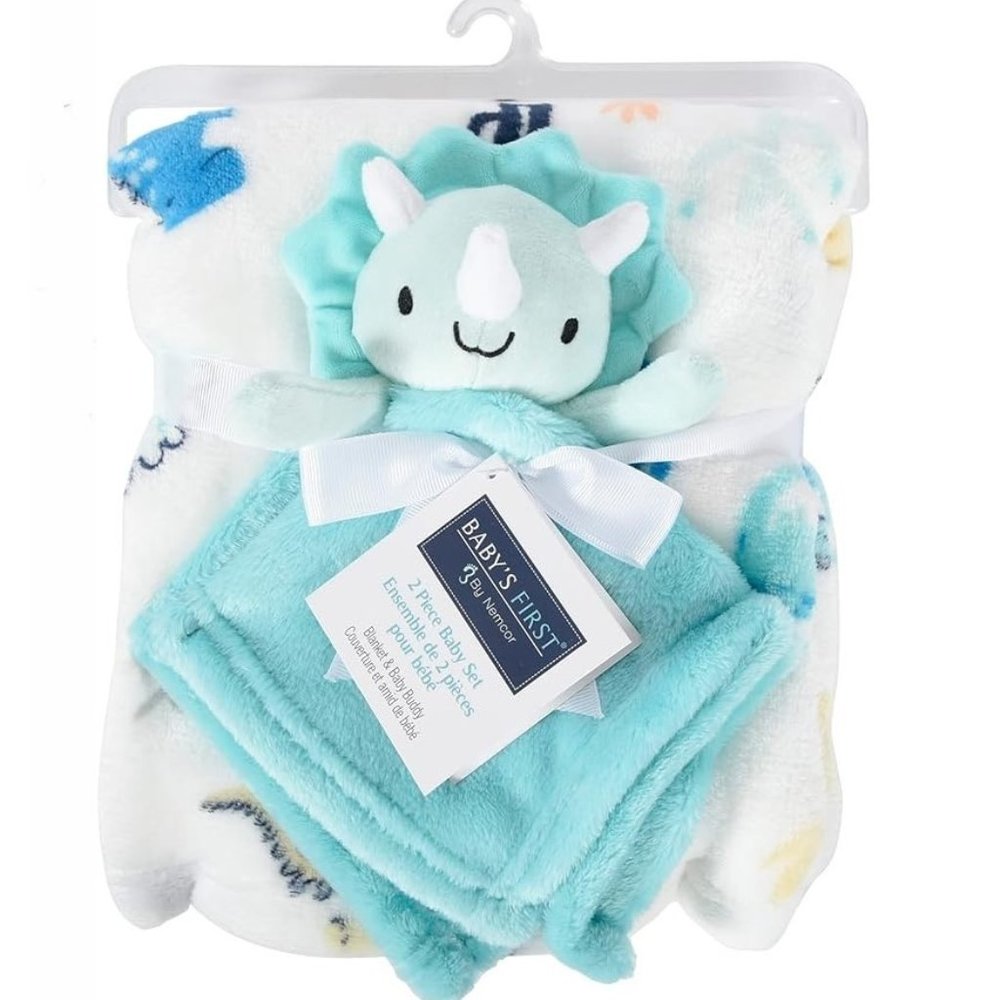Plush Blue Dino Dinosaur Security Blanket 2 Piece Set Baby's First by Nemcor NWT
